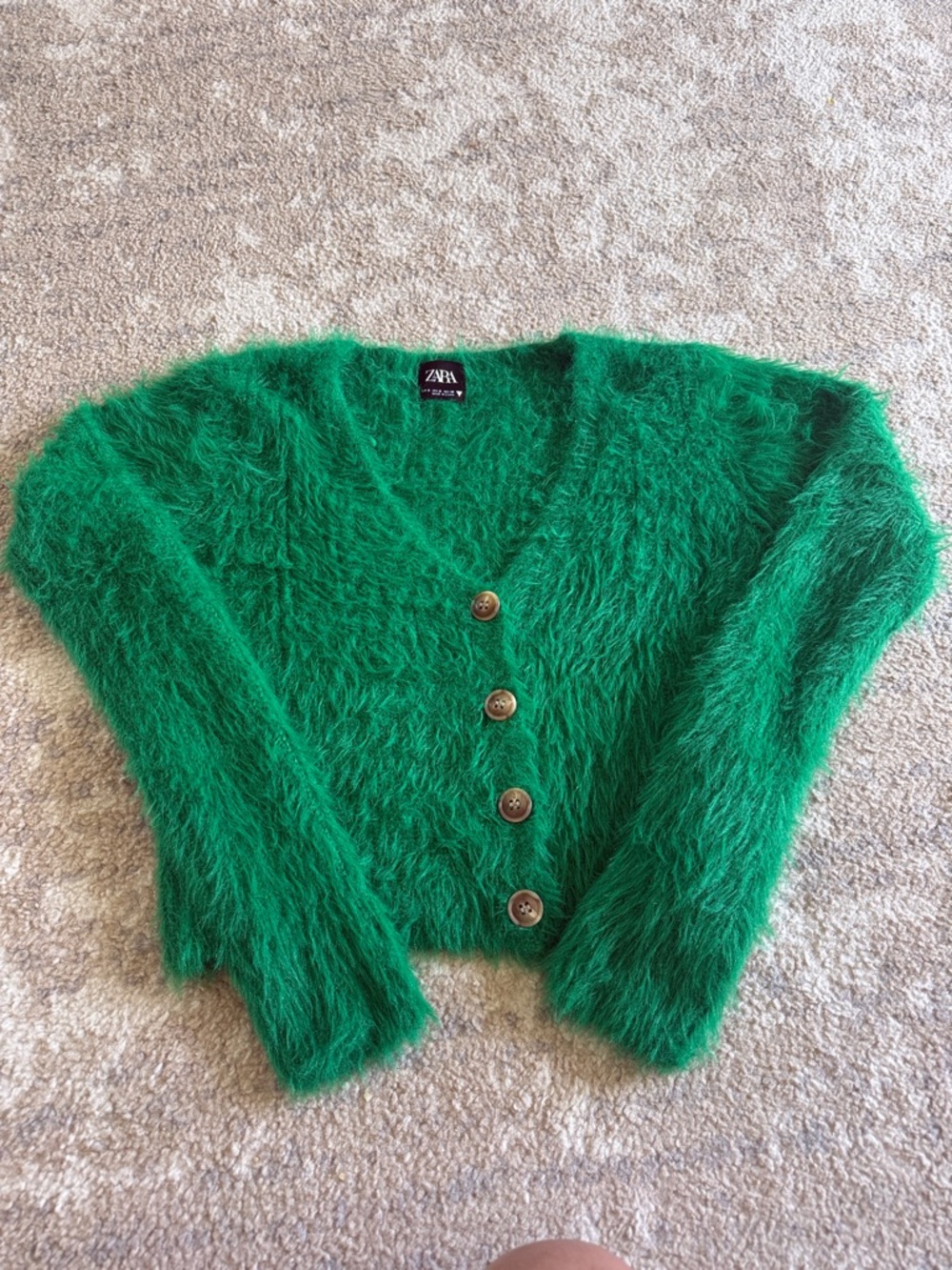 ZARA Emerald Green Fuzzy Button-Up V-Neck Cardigan